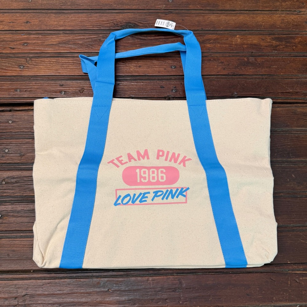 Victorias Secret PINK Canvas Tote Bag Cream Blue Team Pink 1986 Zipper NWT